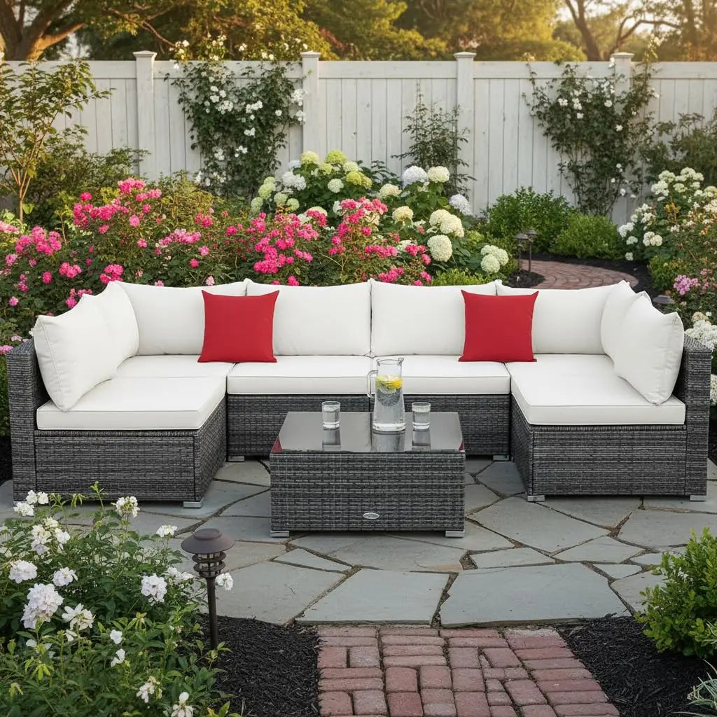 7 Pieces Wicker Patio Furniture Set, All-Weather Outdoor Rattan Sectional Sofa Set with Cushions & Tempered Glass,