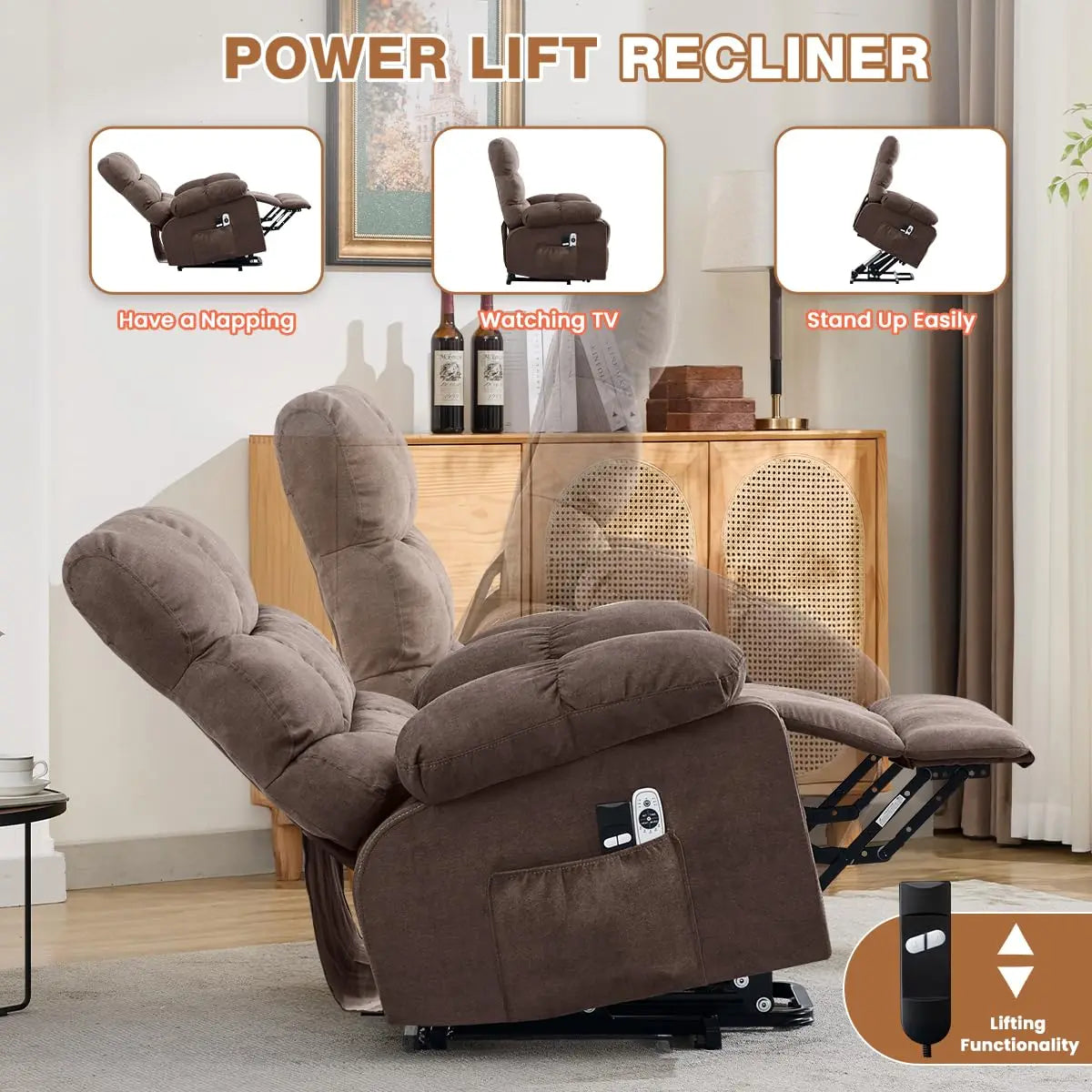 Electric Power Lift Recliner with Massage & Heat for Elderly, Side Pockets