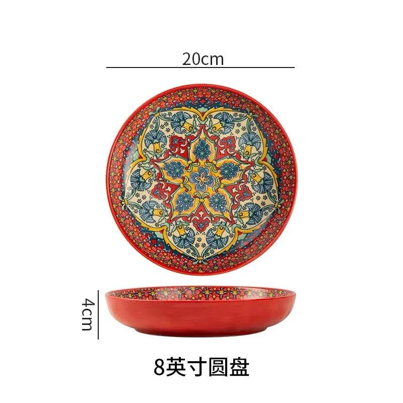 7in or 8in Ceramic Plates Household Retro Tableware Pasta Steak Plate Breakfast Dumpling  Fruit Plate