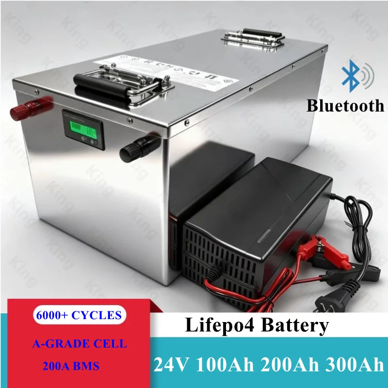 24V 100Ah 200Ah 300AH LiFePO4 Battery Pack Built-in Bluetooth BMS Lithium Iron Phosphate For Solar RV Home Storage Boat Tax Free