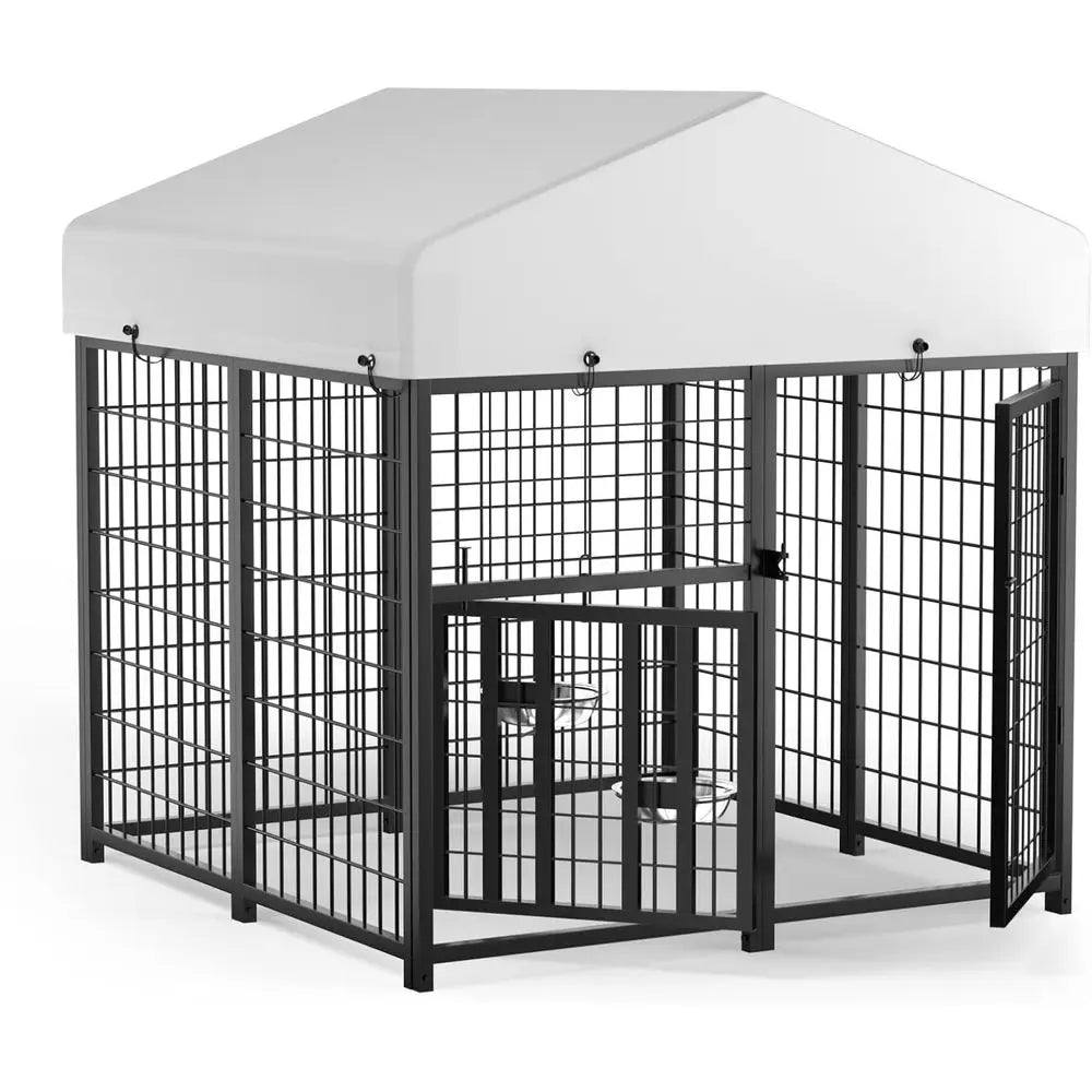 Outdoor Dog Kennel with Roo, Heavy Duty Steel Dog Run Enclosure or Small Dogs, Waterproo , Double Door, Adjustable eeding Bowls,