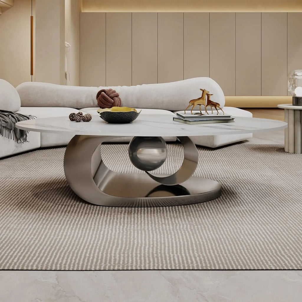 Modern Coffee Table with Silver Stainless Steel Pedestal, Oval Living Room Table with Faux Marble Top