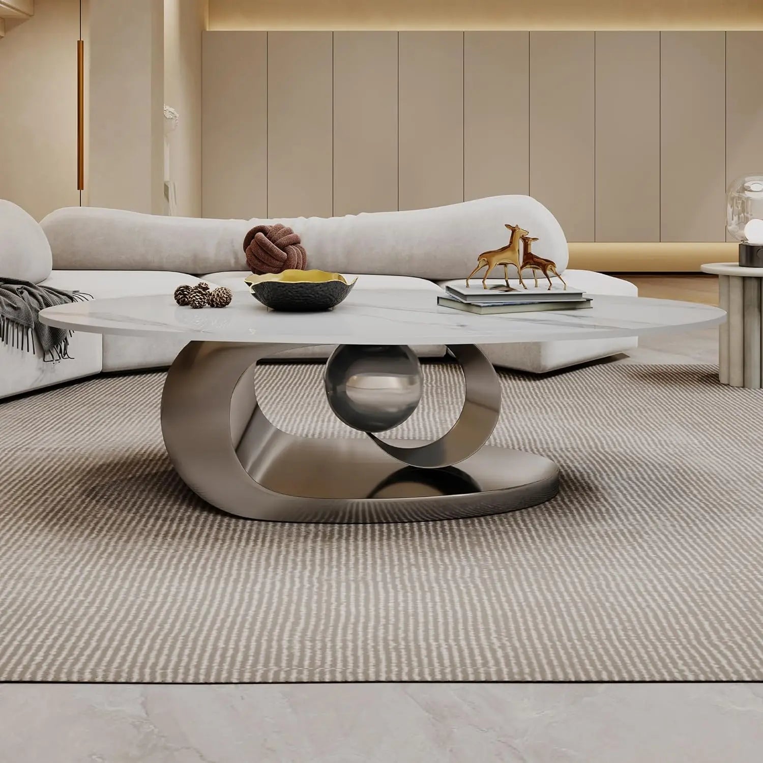 Modern Coffee Table with Silver Stainless Steel Pedestal, Oval Living Room Table with Faux Marble Top