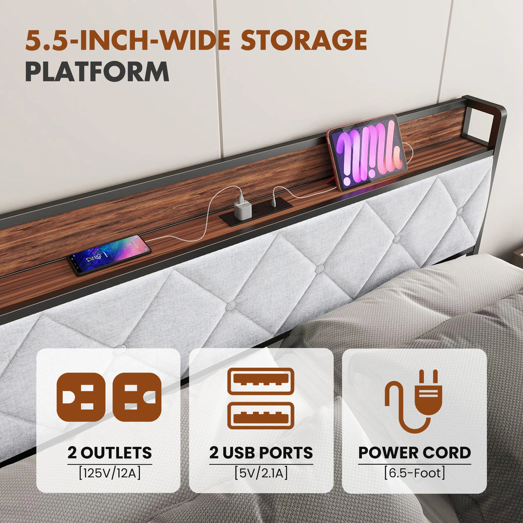 JHK Soft Pack Heavy Duty Metal Bed Frame with Headboard Charging Station, 1100lbs Capacity