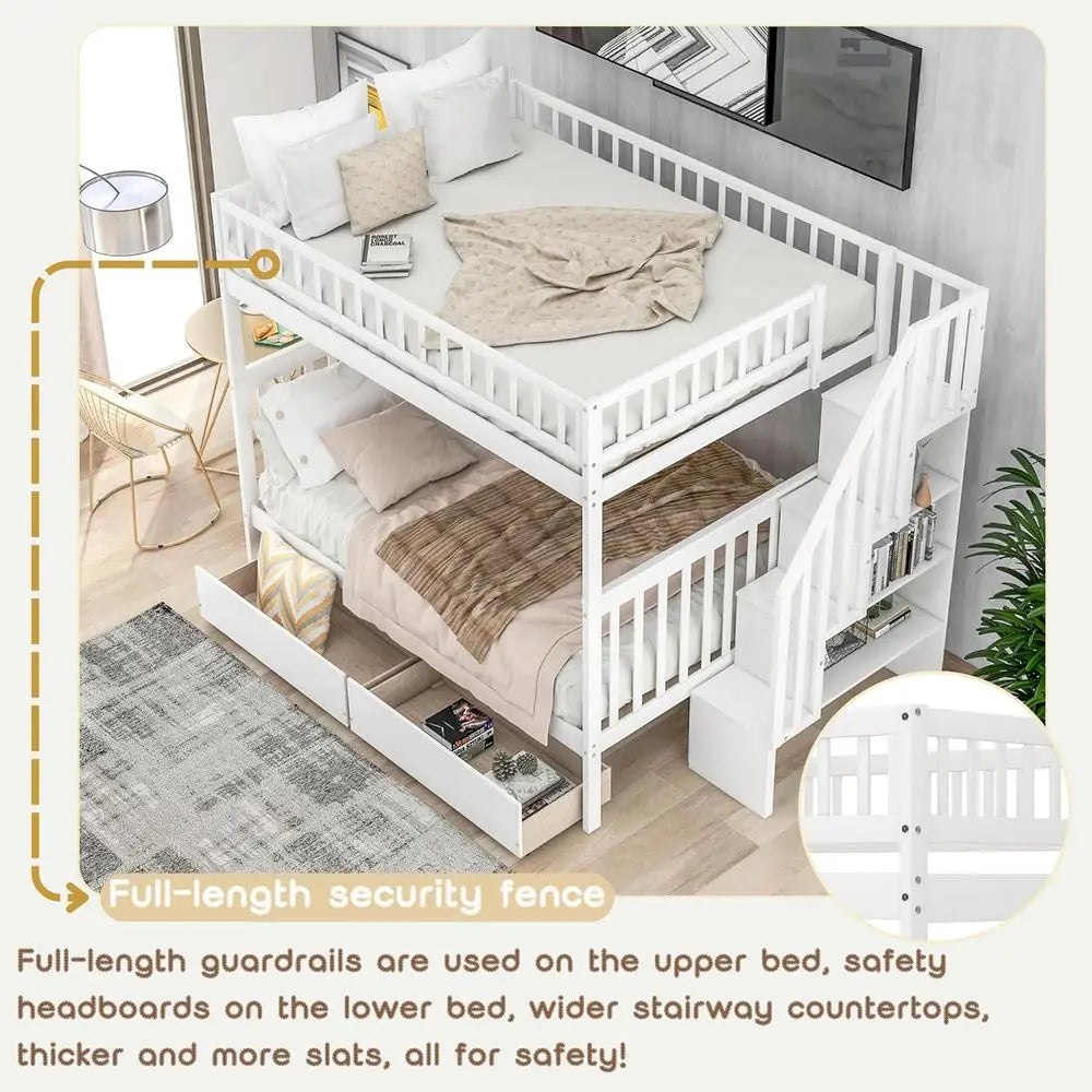White Wooden Full- size Bunk Beds with Desks, Stairs, and Storage