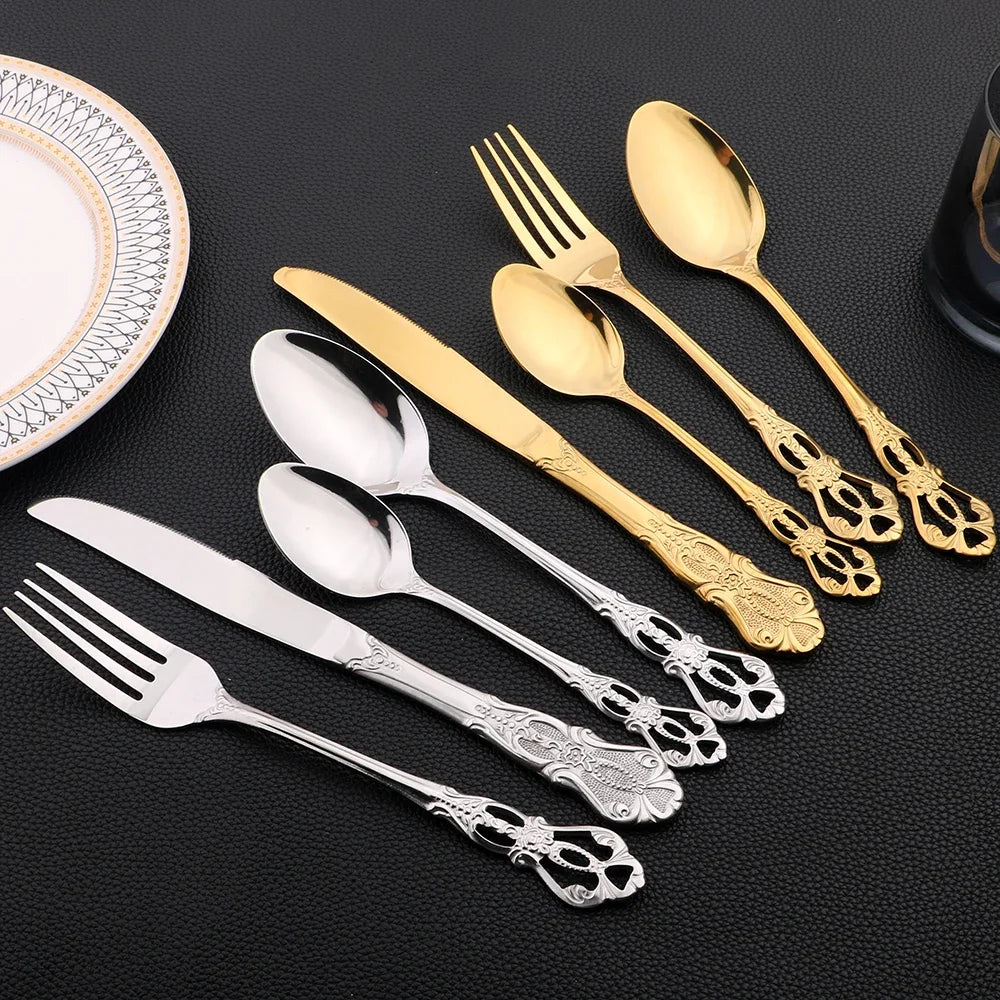 16Pcs  Dinnerware Set Vintage Stainless Steel Tableware Dinner Knife Fork Dessert Spoon Cutlery Set Kitchen Flatware