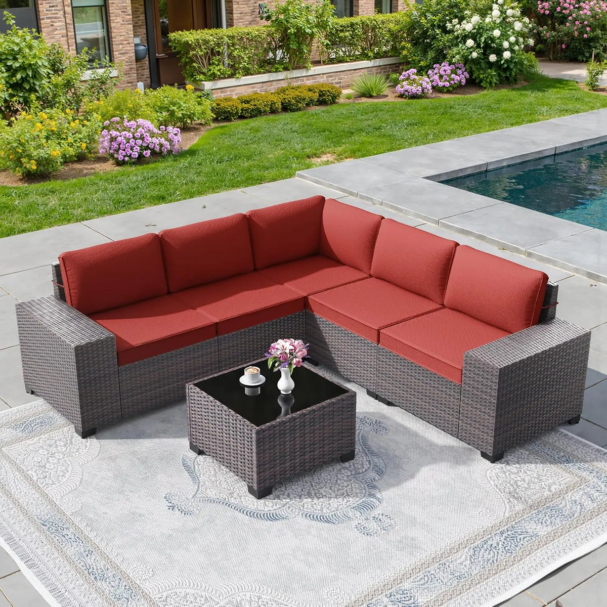6 PCS Outdoor Patio Rattan Wicker Sectional Sofa Set with Coffee Table & Thickened Cushions,