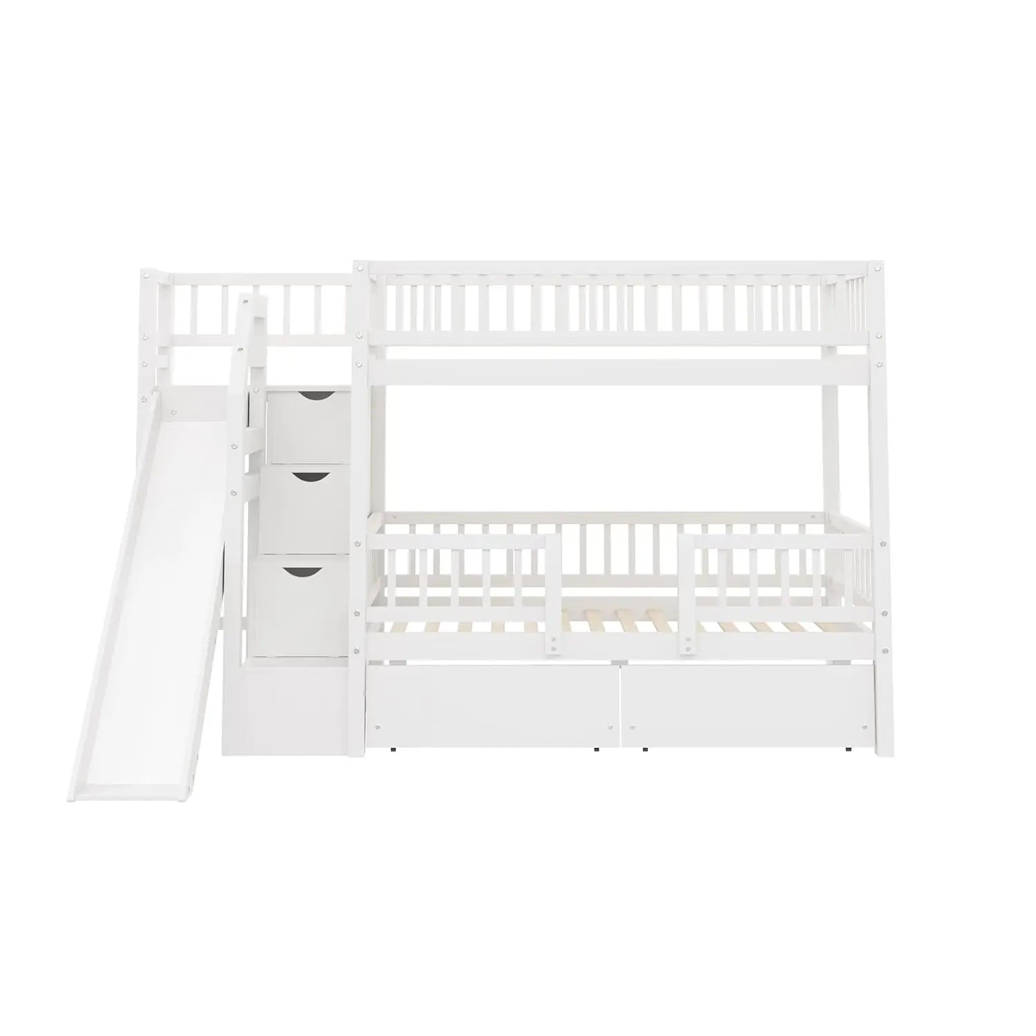 Twin Over Twin Bunk Bed with Slide, Storage Drawers & Staircase, Solid Pine Wood Frame, No Box Spring Needed, Kids, Customized