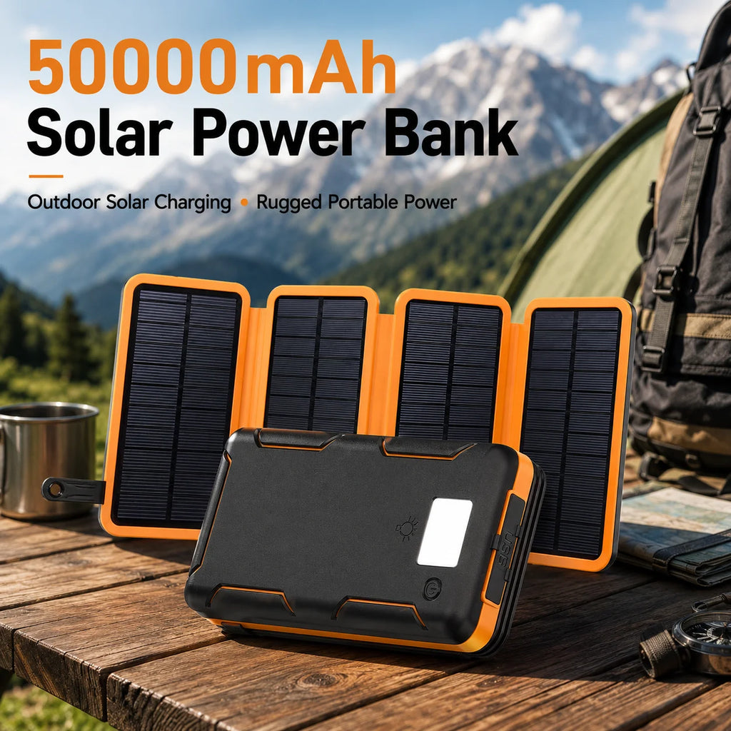Mew 5V 50000mAh Solar Power Bank with Foldable Solar Panels and LED Flashlight for Camping, Hiking, Travel and Emergency Use
