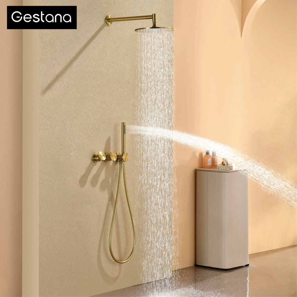 Minimalist Brown Brass Wall Mounted Rainfall Bathroom Shower System Double Handle Hot Cold Mixer Tap Adjustable Water Flo