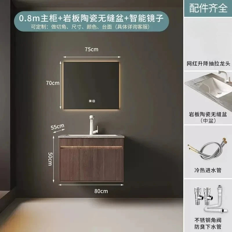 Light Luxury Vanity, Modern Solid Wood Bathroom Sink Cabinet, Rock Slab Integrated Washbasin