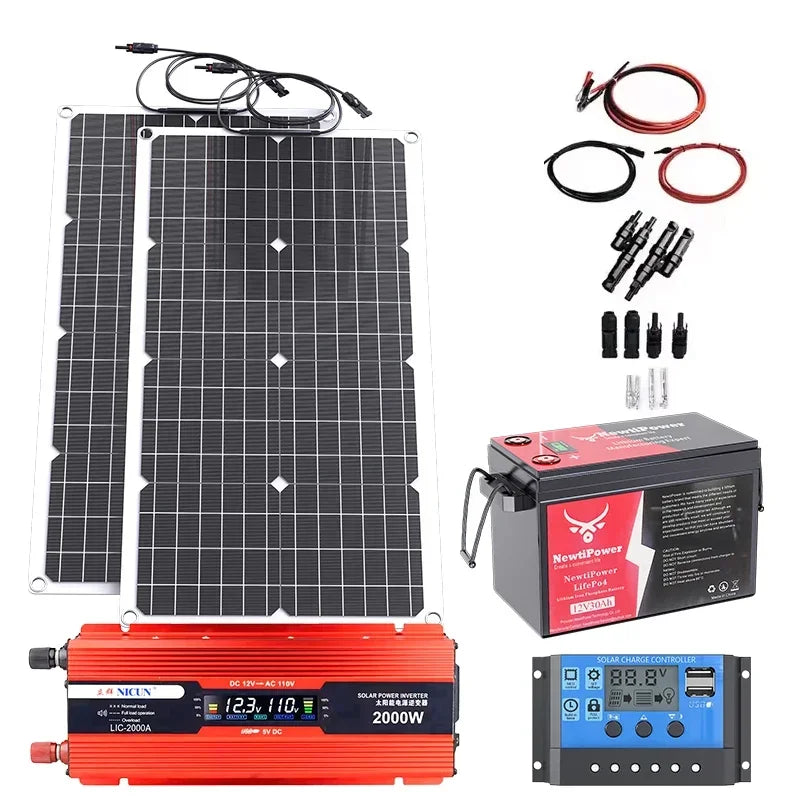 2000W Off-Grid Solar Complete Kit Power 100A Controller,110V 220V Inverter&10AH 30AH LiFePO4 Battery