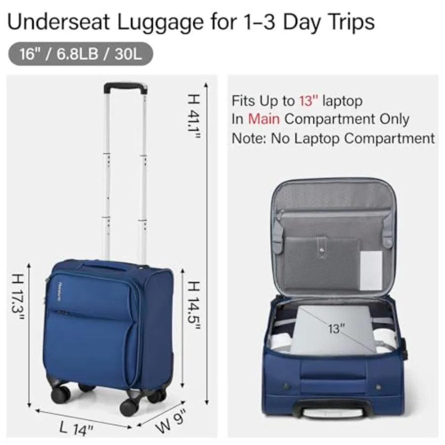 16 Inch Underseat Carry On Luggage with Spinner Wheels Airline Approved Small Rolling Suitcase Softside Underseater Lightweight