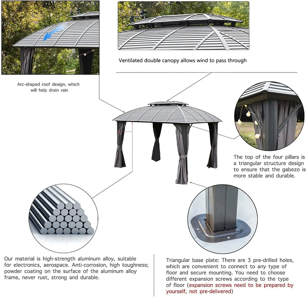Aluminum Alloy Frame Outdoor Hard Roof Gazebo Heavy Duty Waterproof UV Resistant Anti Rust All Weather Metal Garden Gazebo