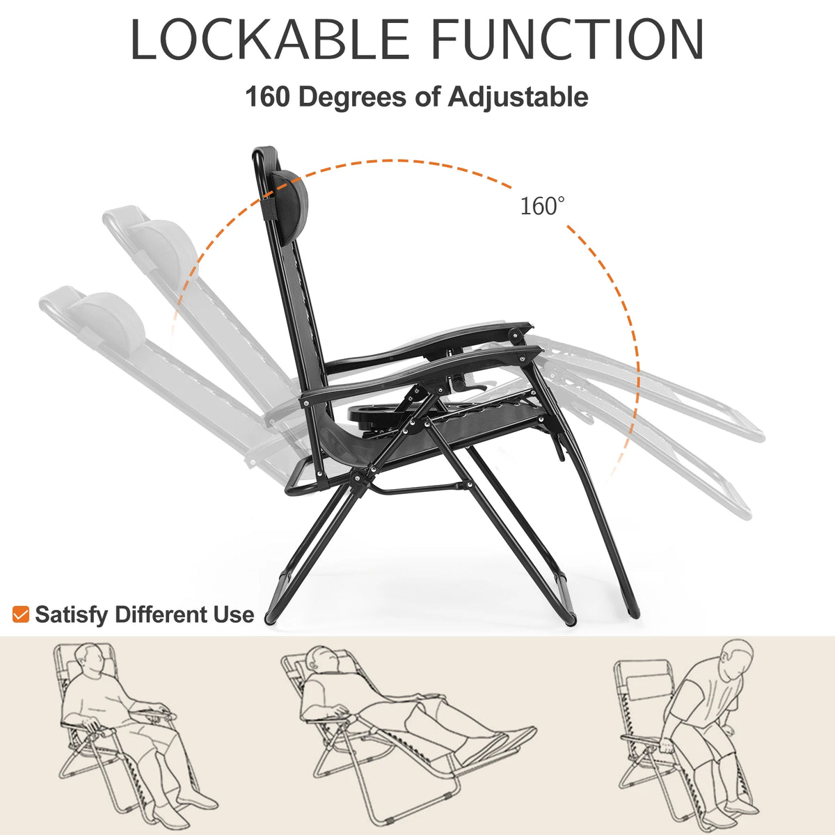 JHK Zero Gravity Portable Recliner Camping Patio Outdoor Garden Lounge Chair with Cup Holder, Trays, Adjustable Pillow