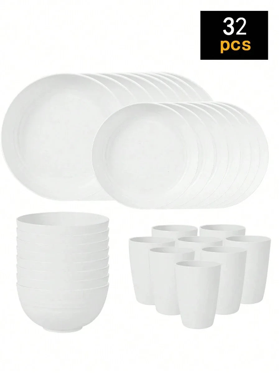 4/16/24pcs Reusable plastic tableware set, including plates, bowls and cups.