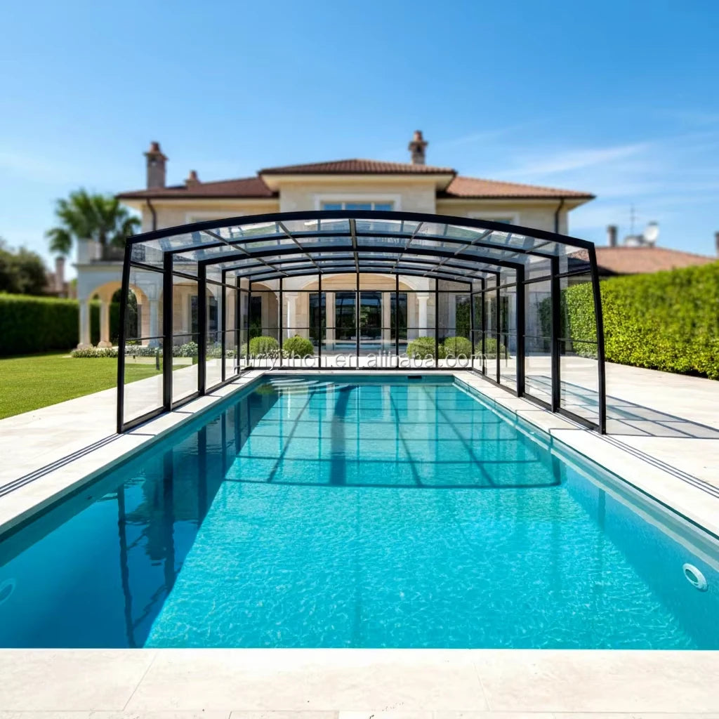 Any Size Custom Aluminum Telescopic Swimming Pool Cover, Transparent Retractable Weatherproof Outdoor Backyard Garden Patio Shelter