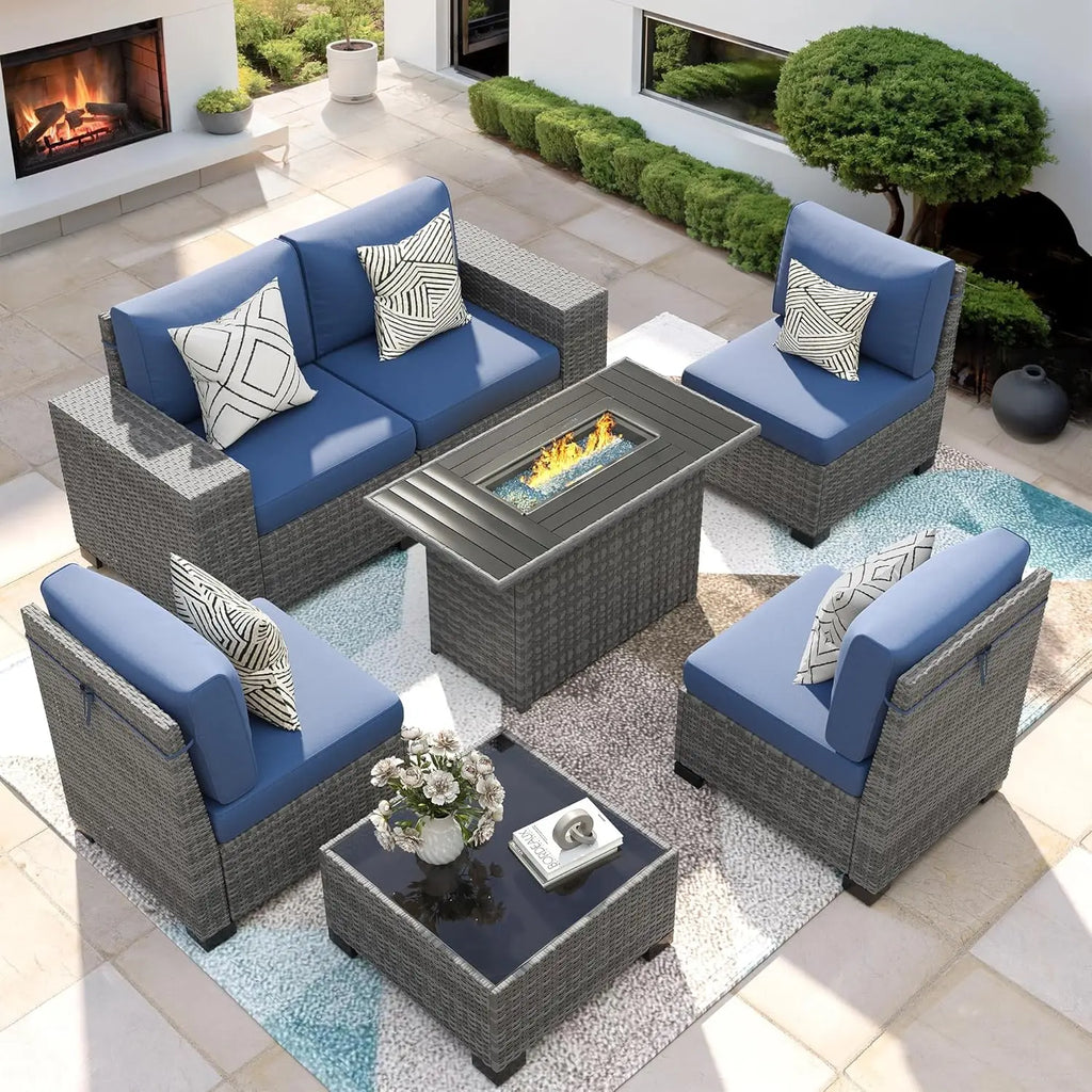 Patio Furniture Set with Fire Pit Table, 7 Piece Outdoor Sectional Conversation Sets Wicker Rattan Sectional Sofa,