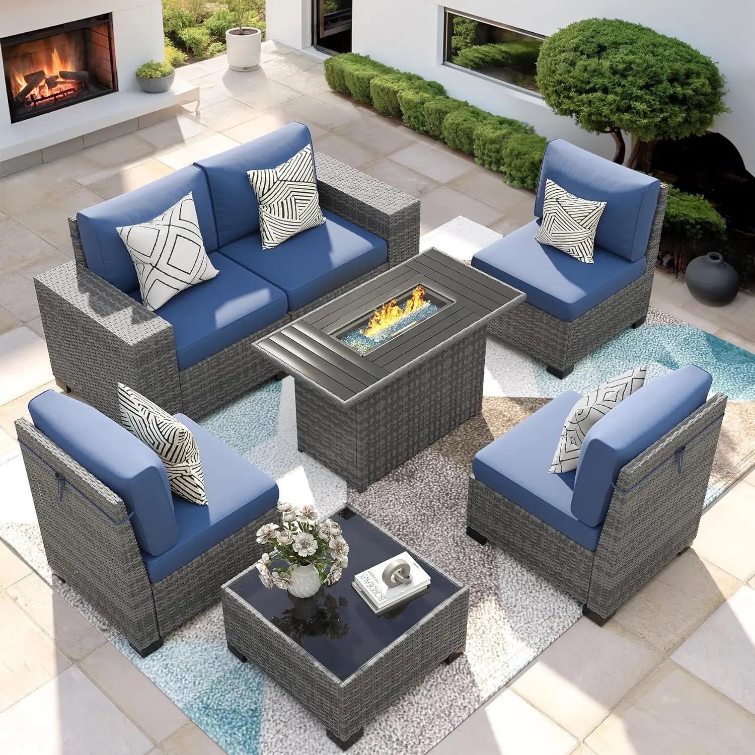 Patio Furniture Set with Fire Pit Table, 7 Piece Outdoor Sectional Conversation Sets Wicker Rattan Sectional Sofa,