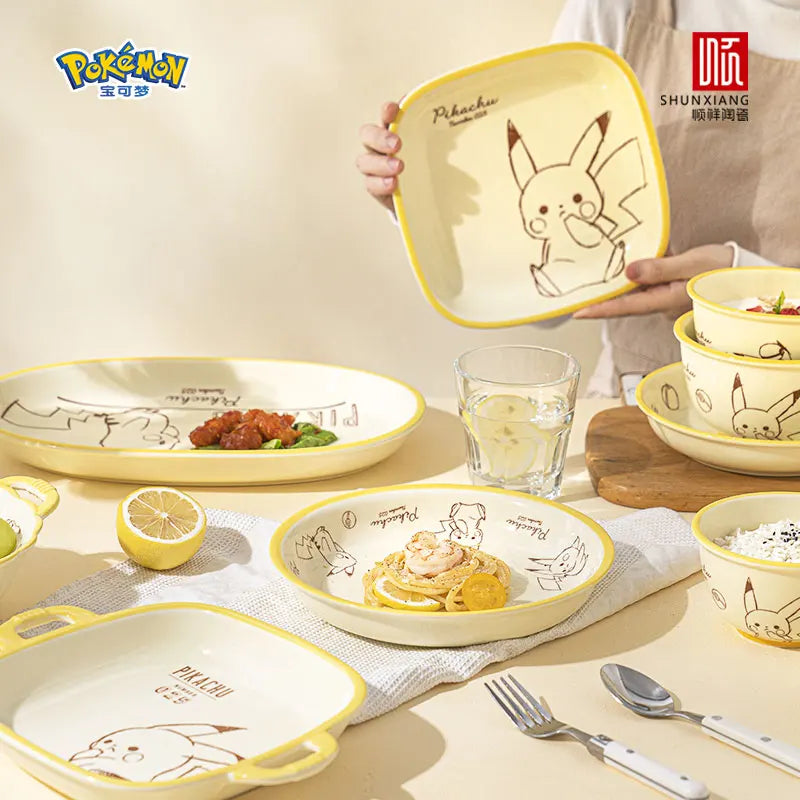 SHUNXIANG Pokémon Ceramic Tableware Set Pikachu Cartoon Pattern Ceramic Bowl Plate Dish Dining Plate Microwave Safe Dinnerware