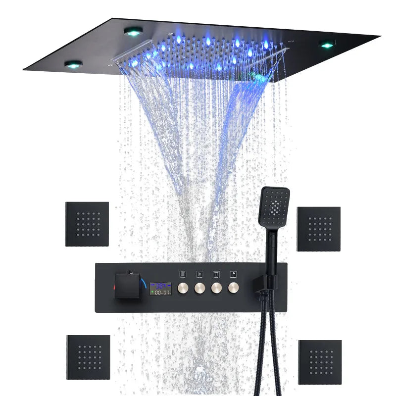 Concealed Brass Shower, LED Thermostatic digital display, showerheads set into the Wall, concealed showerhead in ceiling