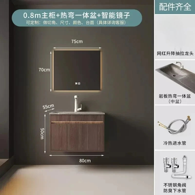 Light Luxury Vanity, Modern Solid Wood Bathroom Sink Cabinet, Rock Slab Integrated Washbasin