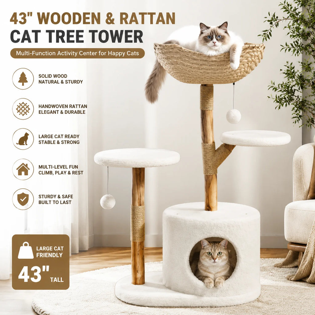 43 Inch Wooden Cat Tree Tower with Rattan, Large Cat Climbing Furniture, Multi-Level Activity Center with Perches,