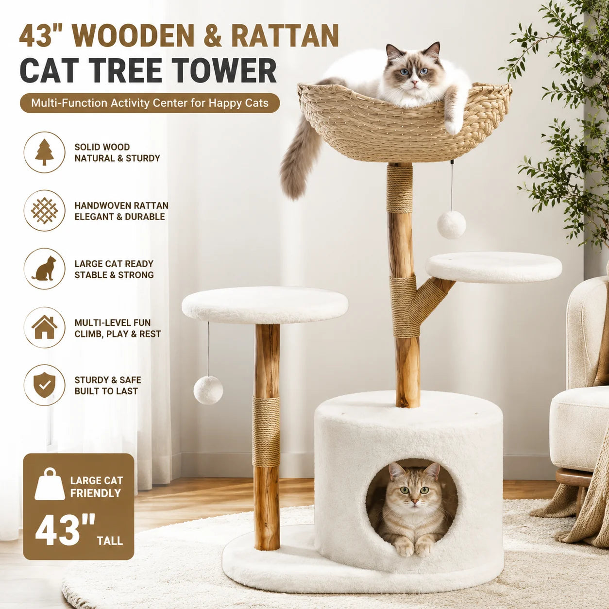43 Inch Wooden Cat Tree Tower with Rattan, Large Cat Climbing Furniture, Multi-Level Activity Center with Perches,
