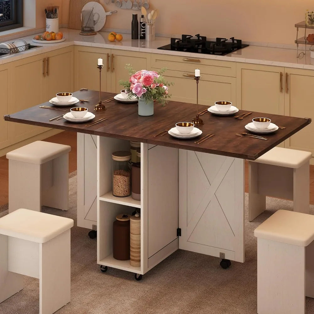 5PC Farmhouse Foldable Dining Table Set with 4 Leather Chairs