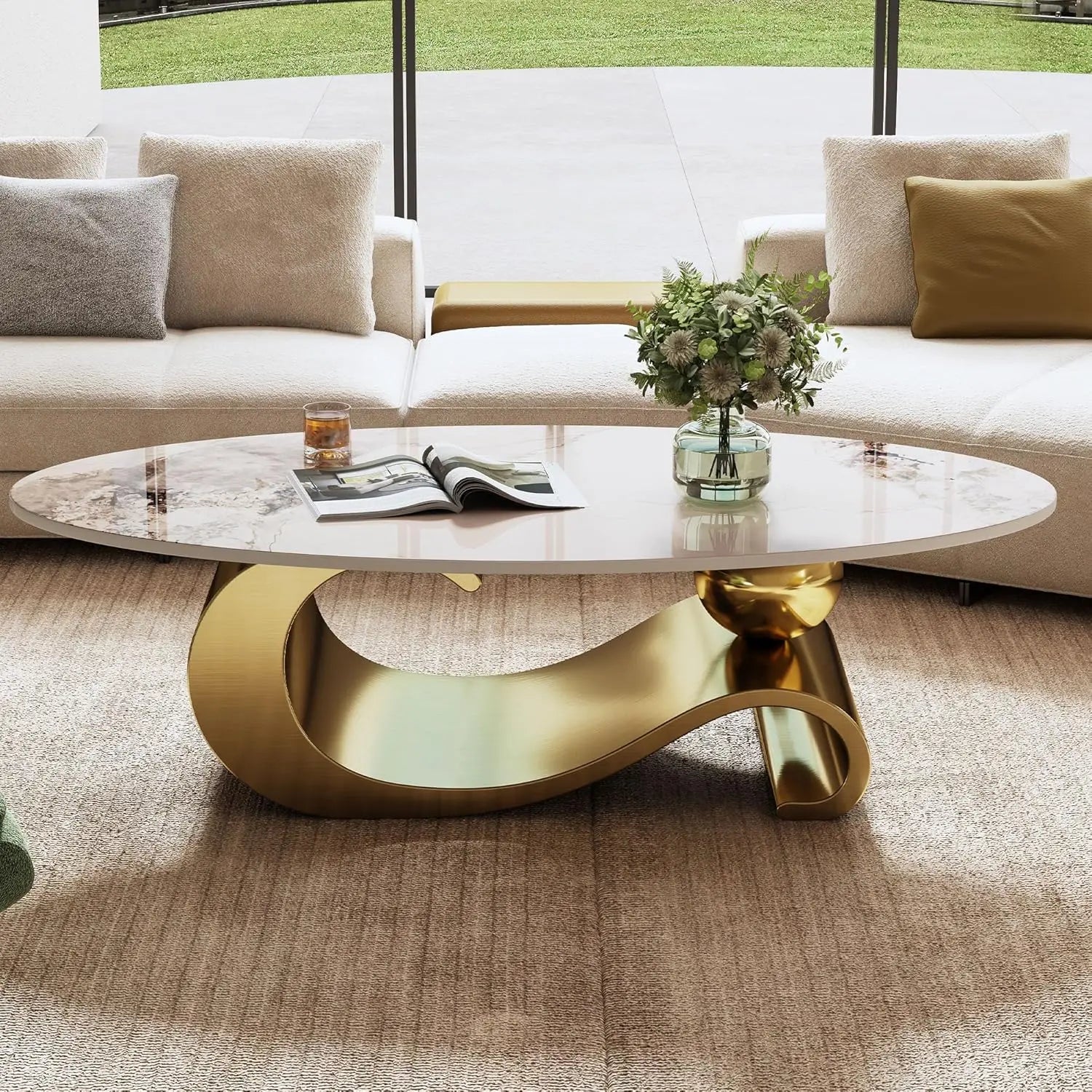 Modern Coffee Table with Silver Stainless Steel Pedestal, Oval Living Room Table with Faux Marble Top