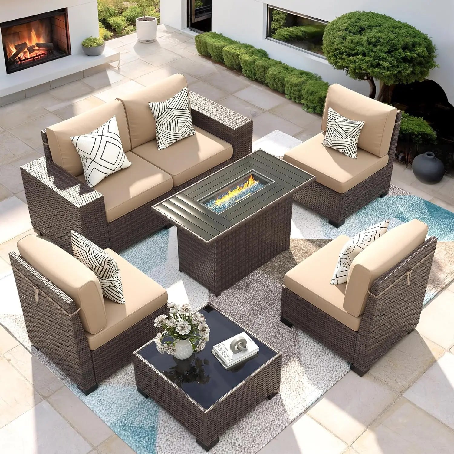 Patio Furniture Set with Fire Pit Table, 7 Piece Outdoor Sectional Conversation Sets Wicker Rattan Sectional Sofa,