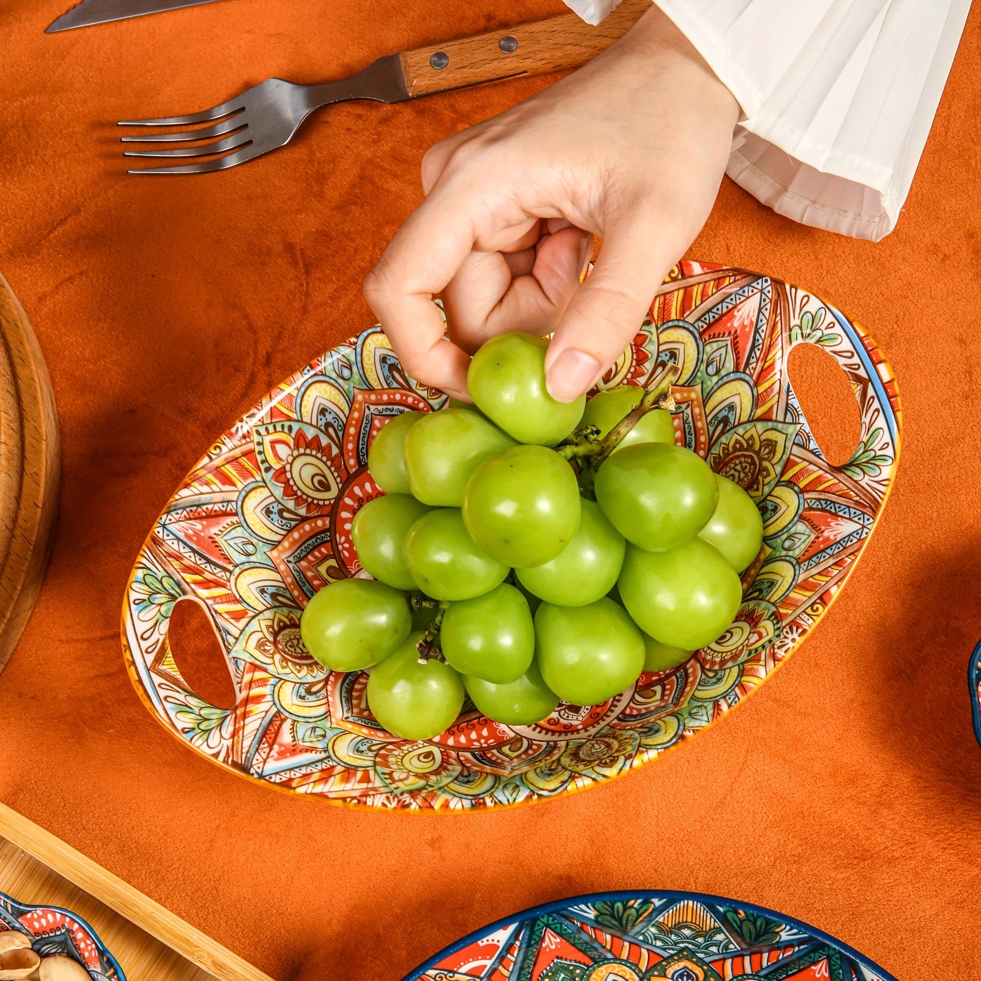Bohemian-Style Ceramic Bowl Featuring Two Handles - Safe for Microwave And Oven Use,