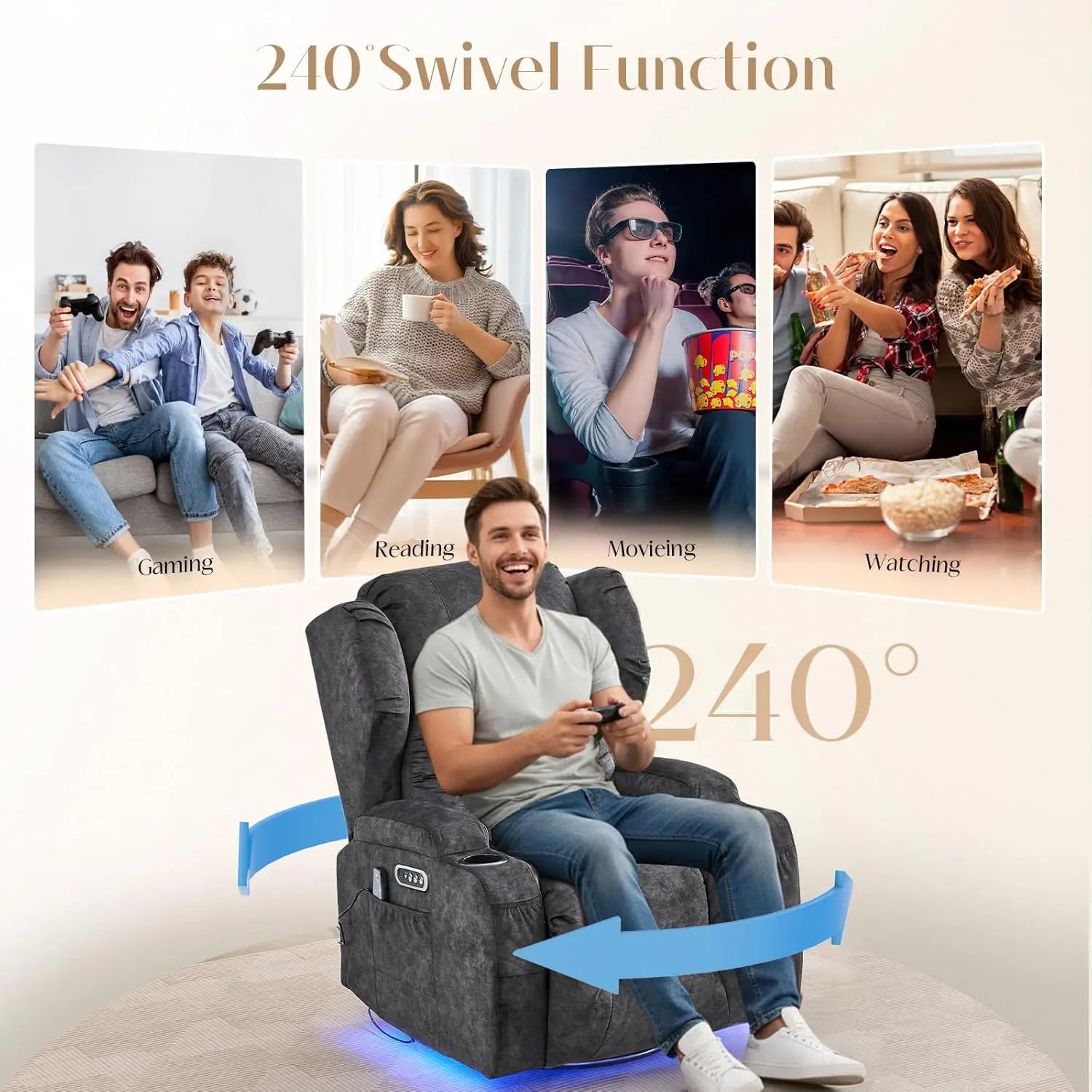 Dual Motor Power Swivel Rocker Recliner Chair with Massage & Heat, USB Ports