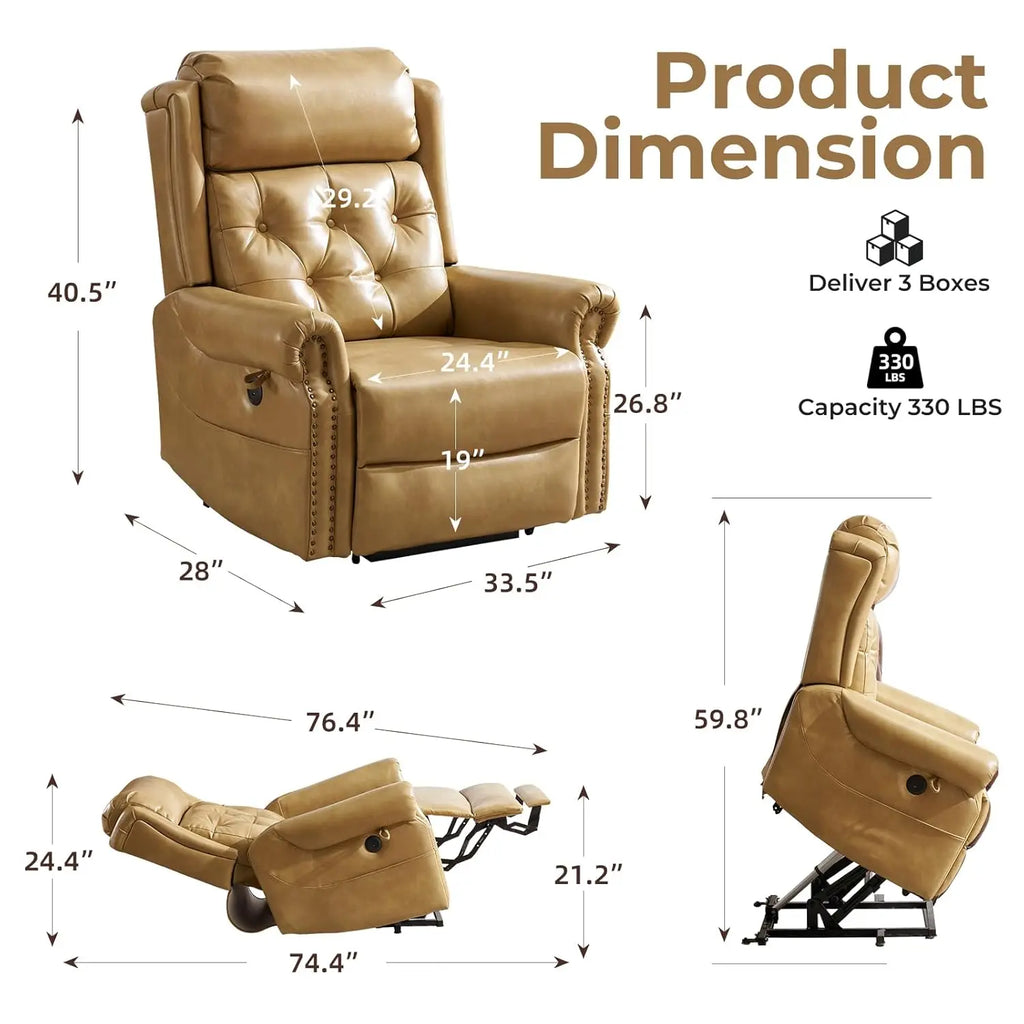 Power Lift Recliner Chair, Lay Flat Massage Heat Adjustable Headrest Extended Footrest USB Ports,