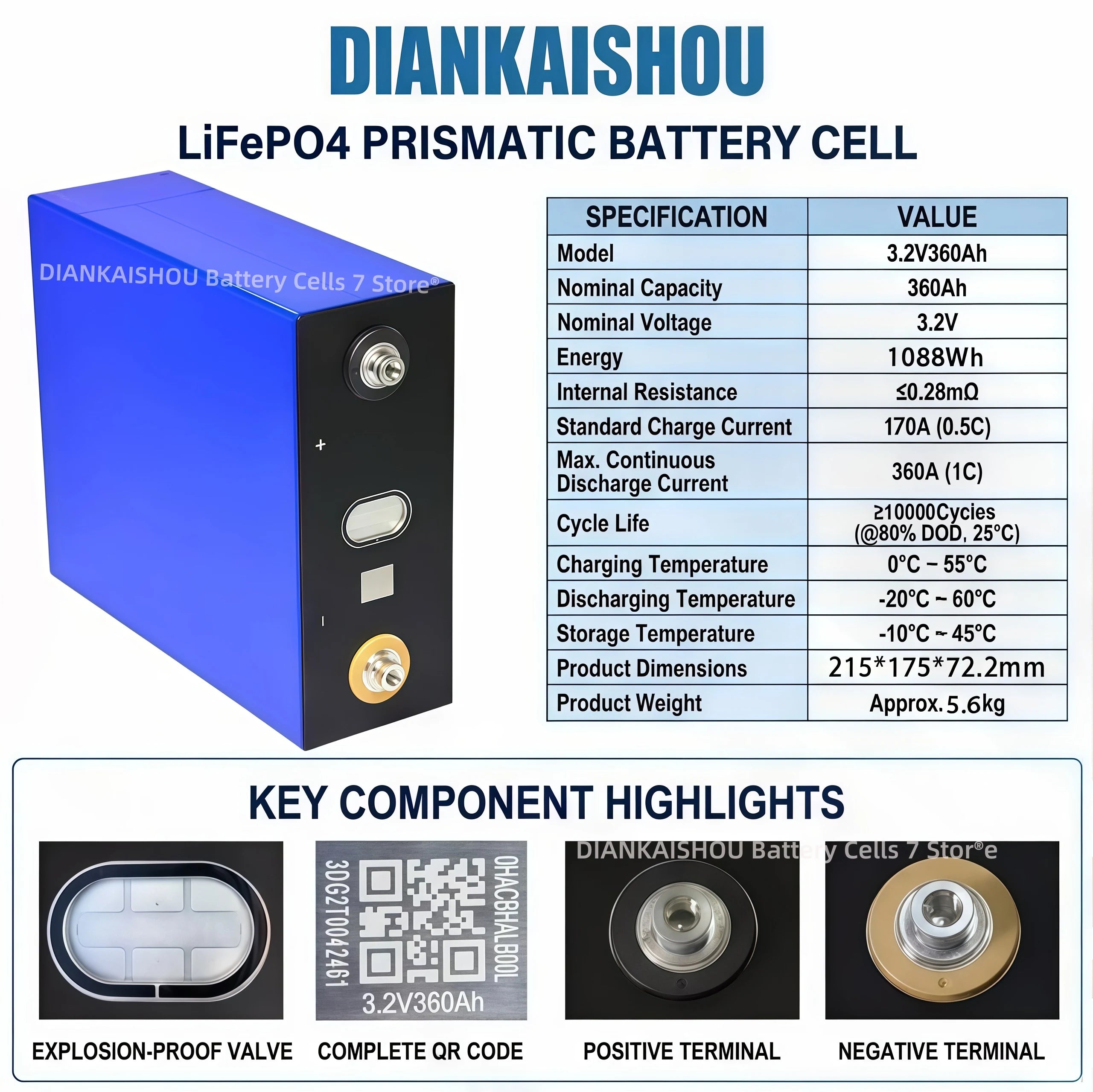 DIANKAISHOU 360AH 3.2V Lithium Iron Phosphate Battery Grade a for 12V 24V 48V 72V 4S E-scooter RV Solar Energy Storage System