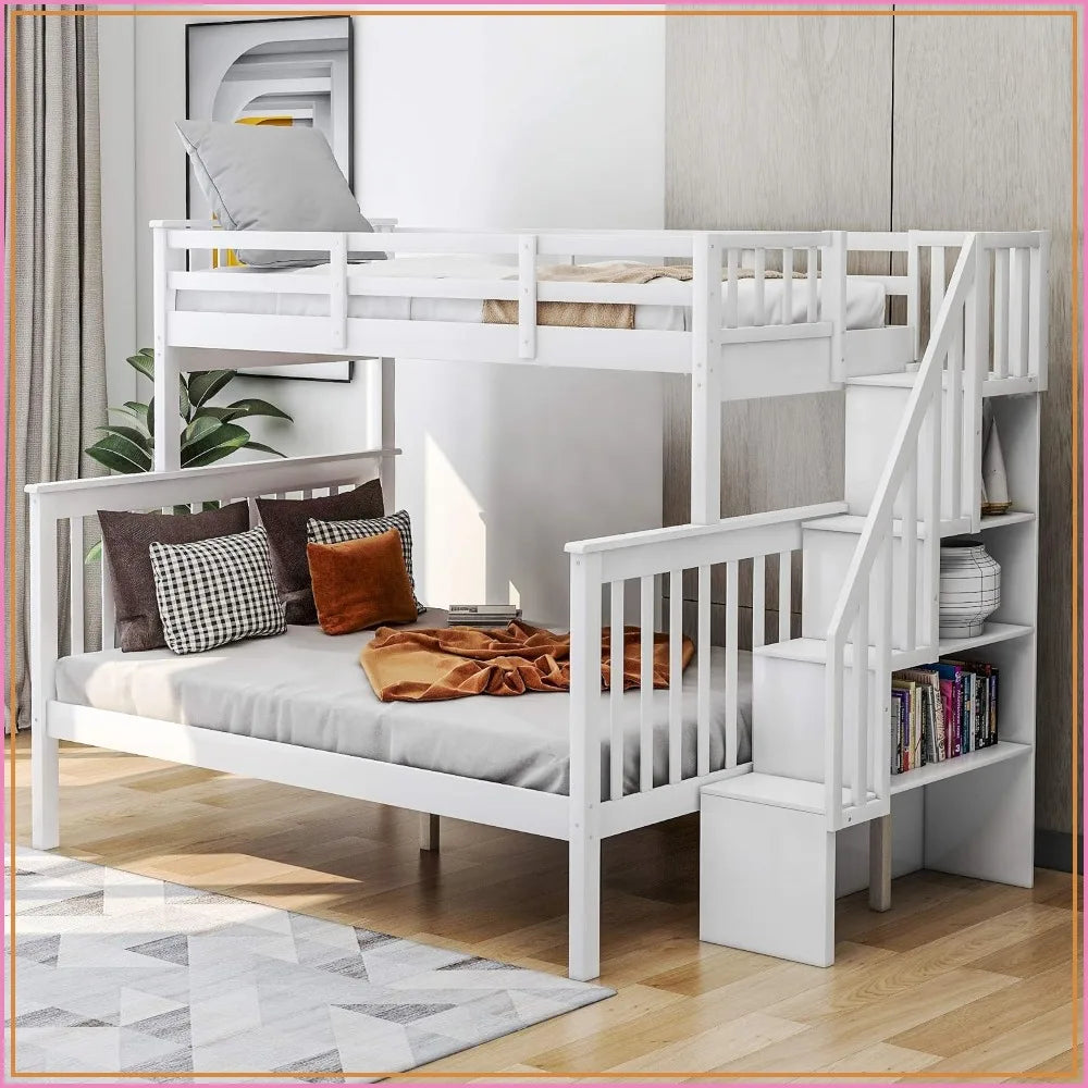 Twin Over Full Bunk Bed with Stairs & Storage Shelves, Solid Wood, White
