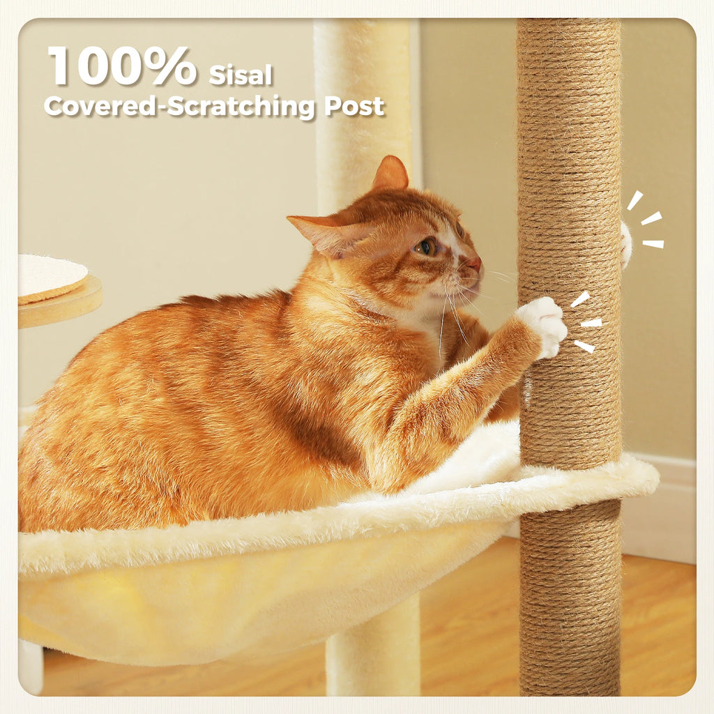 Wood Cat Tree with Sisal Scratching Posts, Large Hammock, Cozy Condo Bed, Multi-Level Cat Tower
