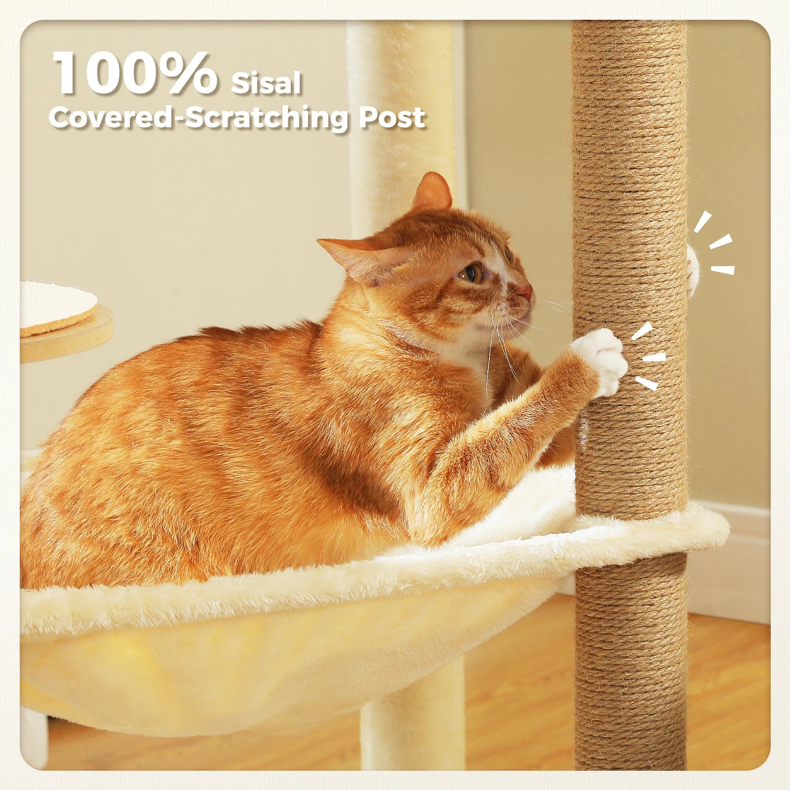 Wood Cat Tree with Sisal Scratching Posts, Large Hammock, Cozy Condo Bed, Multi-Level Cat Tower