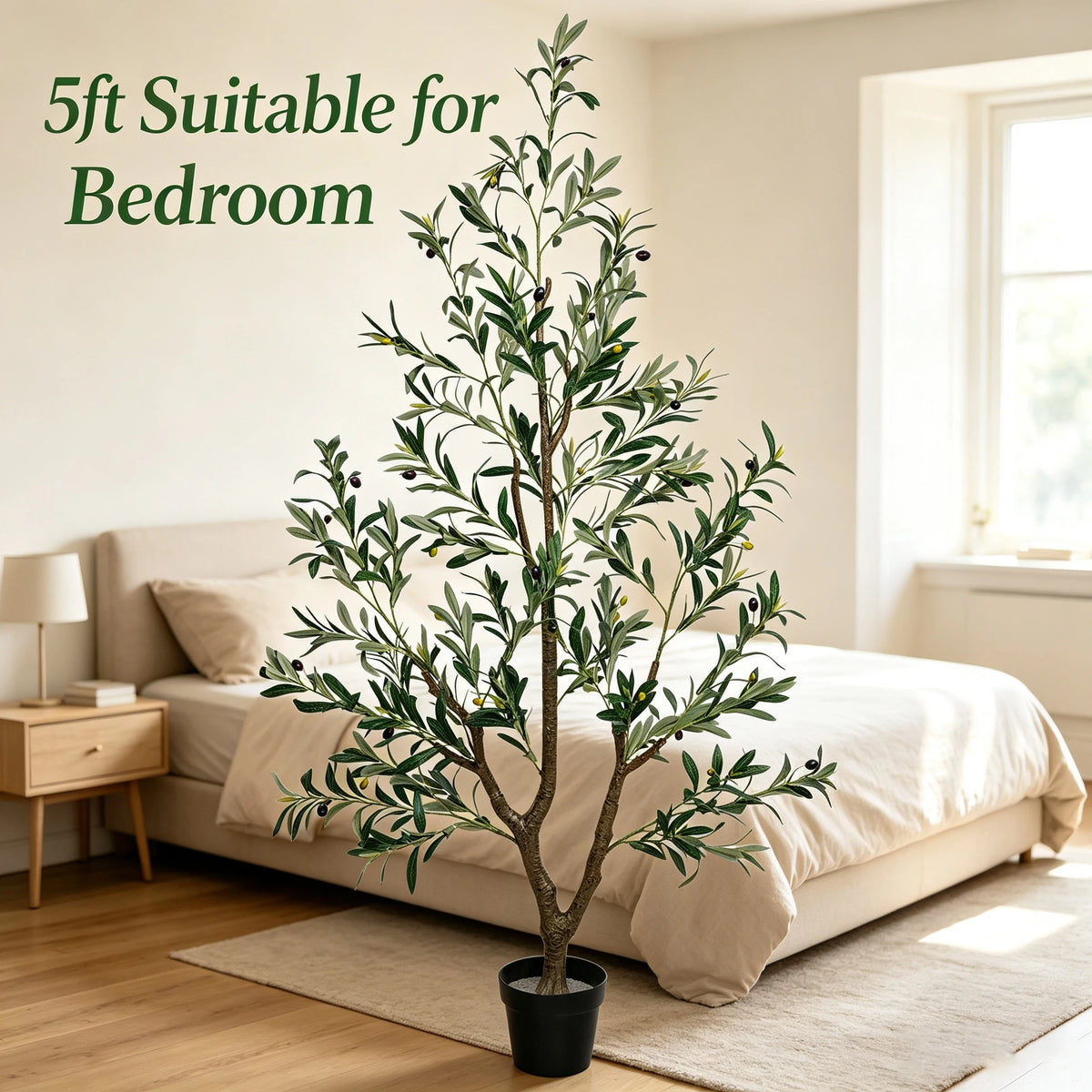 1.5/1.8/2.1m Artificial Olive Tree with Black Pot, Outdoor Indoor Artificial Plant with Natural Wood Trunk and Lifelike Fruits