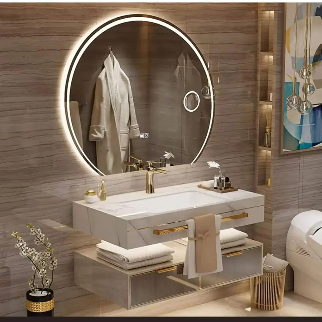 Modern Slate Bathroom Cabinet with Smart Mirror, Ceramic Double Washbasin Bathroom Vanity, Cabinets Under Sink