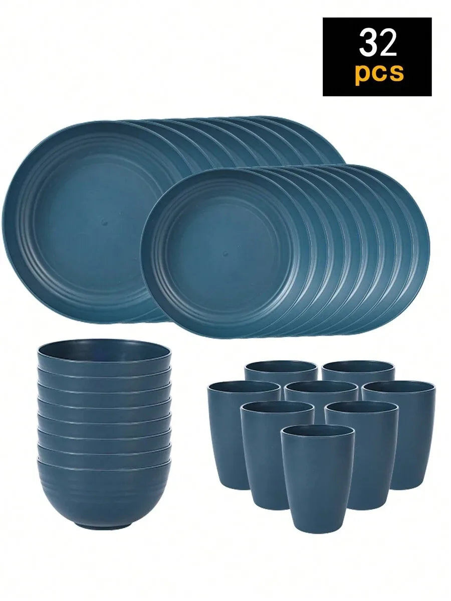 4/16/24pcs Reusable plastic tableware set, including plates, bowls and cups.