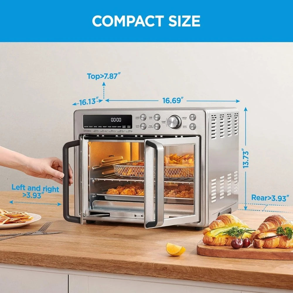 Large Capacity 26.4 QT French Door Toaster Oven Air Fryer Combo 10-in-1 Countertop Oven Faster Cooking Less Oil Stainless