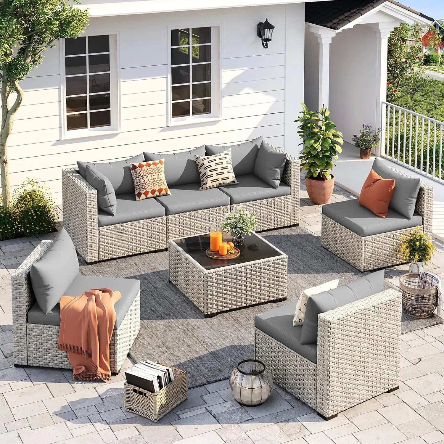 Outdoor Patio Furniture Set, 7 Pcs PE Wicker Sectional Sofa with Tea Table,