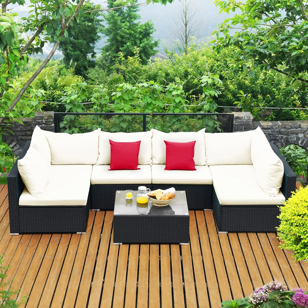 7 Pieces Wicker Patio Furniture Set, All-Weather Outdoor Rattan Sectional Sofa Set with Cushions & Tempered Glass,