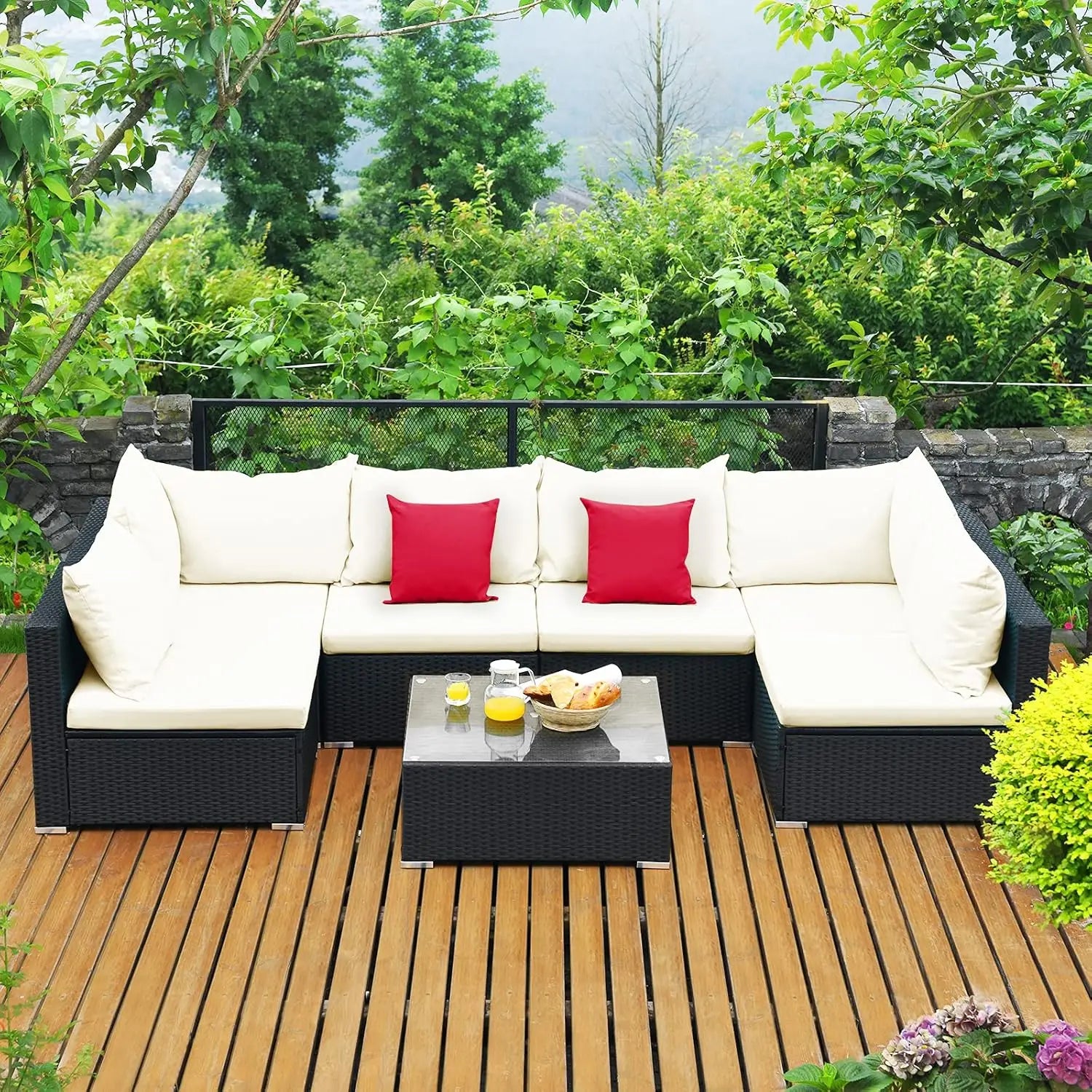 7 Pieces Wicker Patio Furniture Set, All-Weather Outdoor Rattan Sectional Sofa Set with Cushions & Tempered Glass,