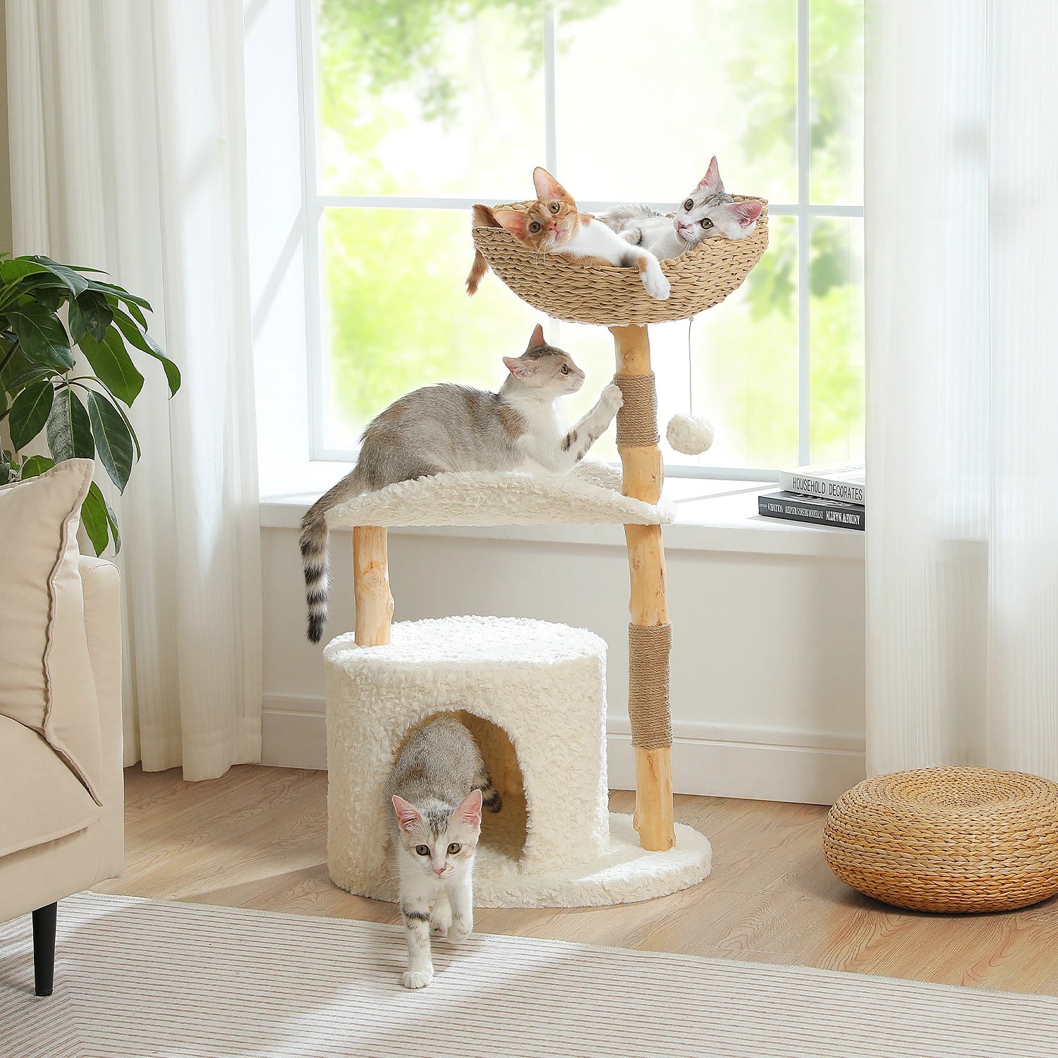 Modern Cat Tree Tower with Natural Solid Wood Scratching Posts Spacious Wicker Basket Luxury Cat Condo Bed