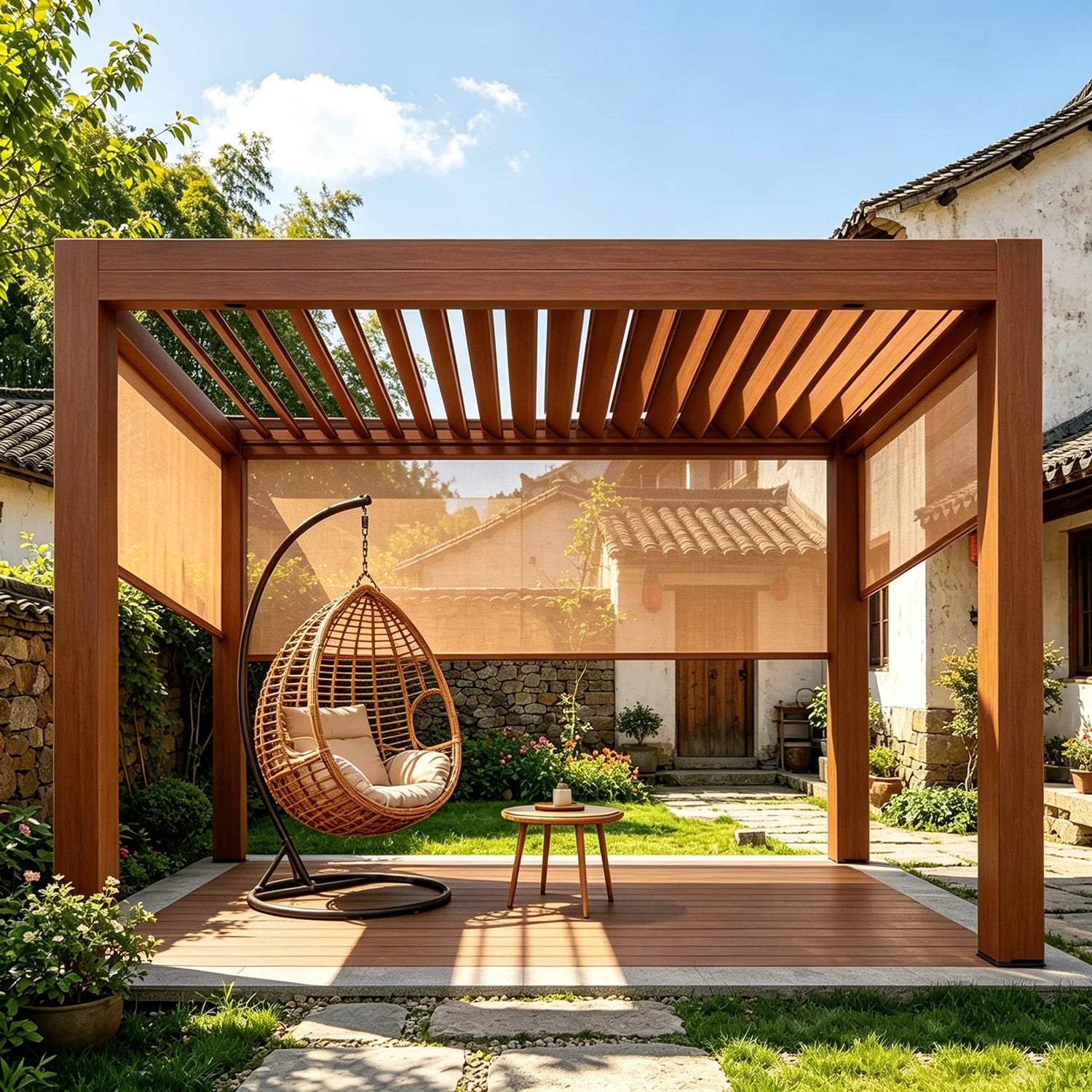 Home Garden Flip Top Aluminum Pergola, Rotatable Louvered Roof Gazebo,