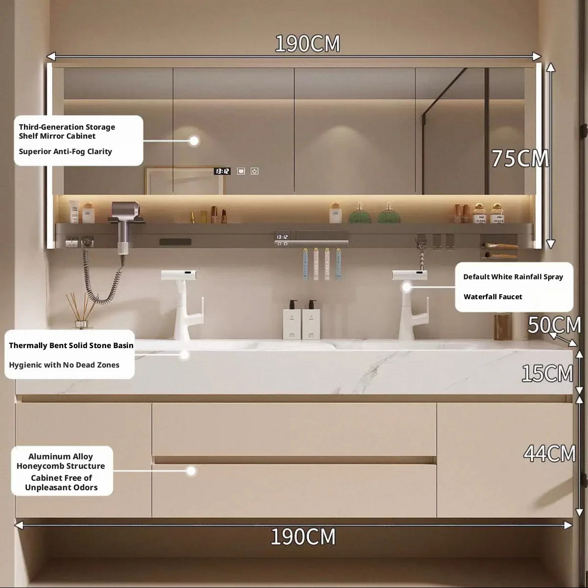 Seamless Integrated Bathroom Vanity with Slab Stone Basin, 2026 New Model