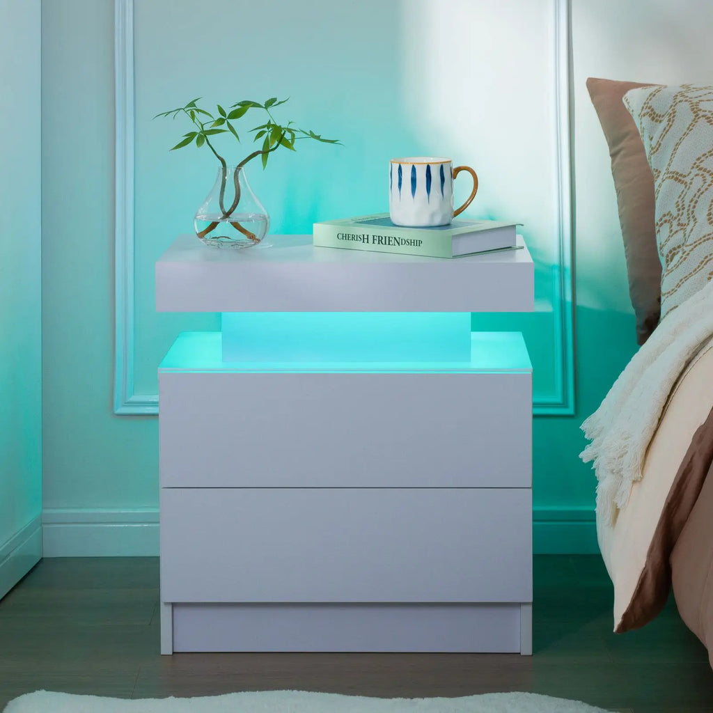 Cubehom Bedroom Nightstand Set of 2 LED Nightstand with 2 Drawers, Nightstand with LED Light