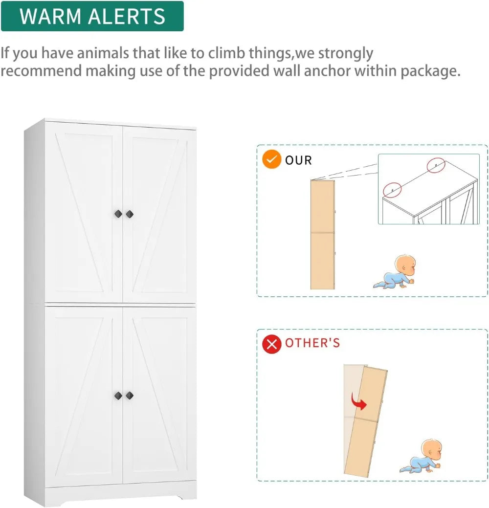 72" Farmhouse Pantry Cabinet, 4 Barn Doors, Adjustable Shelves, White